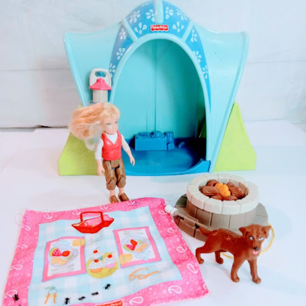 Fisher Price Loving Family Dollhouse Camping Tent Doll Dog Camping Fireplace